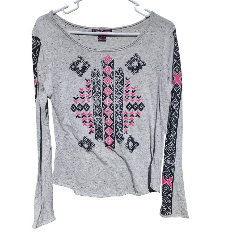 Rock &‎ Roll Cowgirl Womens Gray Pink Southwestern Graphic Long Sleeve Top Large